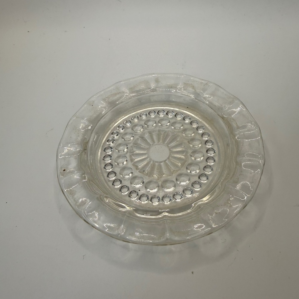Vintage Clear Pressed Glass Hobnail Sunburst Scalloped Edge Ashtray Trinket Dish
